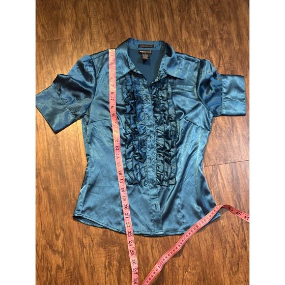 y2k wet seal mob style short sleeve button up blue ruffles fancy collared sz s - Picture 2 of 8
